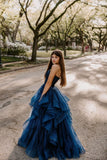 Modest Ball Gown Sweetheart Navy Blue Tulle Long Prom Dress Evening Formal Gowns HZ0311
