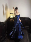 Elegant Mermaid Spaghetti Strap Long Satin Pleated Ruffles Royal Blue Prom Dresses Vestidos De Dia HZ0311