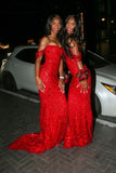 Gorgeous Mermaid Off The Shoulder Red Sequins Beaded Bodice Prom Dresses Long Formal Party Gown HZ0311