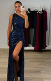 Classy Mermaid One Shoulder Navy Blue With Slit Sequined Floor Length Long Bodycon Maxi Prom Dresses Graduation 20th Birthday Outfits HZ0311