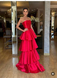 Simple A Line Red Strapless Satin Sleeveless Long Prom Dresses Classy Prom Gowns HZ0311