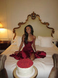 Modest Mermaid Spaghetti Strap Burgundy Satin With Slit Long Prom Dresses Senior Graduation Dance Evening Outfits HZ0311