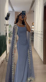 Vintage Dusty Blue Mermaid Evening Dress Applique Beaded Prom Dress Unique Cape Design Long Party Dress Birthday Outfits HZ0311
