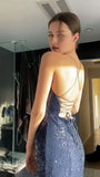 Modest Mermaid V Neckline Marine Ball Dresses Long Formal Gowns Navy Blue Sequin Slit Prom Dresses Evening Gowns HZ0311