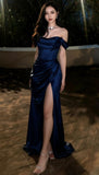 Gorgeous Mermaid Off The Shoulder Navy Blue Slit Formal Evening Dress Gowns Prom Dresses HZ0311