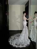 Princess Wedding Dresses Mermaid High Neck Lace Tulle Bodice Brides Dress Style For Brides Fitted Long Bridal Gowns HZ0311