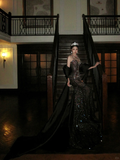 Sparkly Mermaid High Neck Black Sequin With Beads Gem Long Prom Dresses 20th Birthday Outfits HZ0311