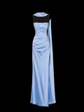 Simple A line Spaghetti Strap Blue Satin Slit Long Prom Dresses With Scarf Formal Party Dress Cocktail Maxi Evening Gowns HZ0311