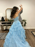 Classy Ball Gown Sweetheart Light Blue Chiffon With Slit Split Long Prom Dress Aesthetic For Teens Formal Party Outfits Prom Gowns HZ0311