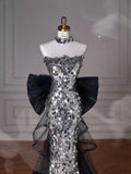 Black Glitter Sequins Tulle Mermaid Prom Dress Strapless Evening Dress With Bow For Teenagers High Schools HZ0311