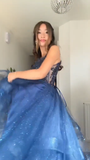 Unique Ball Gown Spaghetti Straps Navy Blue Tulle Lace Prom Dresses Party Dress 21st Birthday Outfits Graduation Dress HZ0311