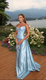 Gorgeous Fashion Sheath Blue Satin Prom Dresses Luxury Strapless Sleeveless Formal Gowns HZ0311