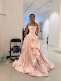 Gorgeous Fashion Ball Gown Strapless Blush Pink Satin Prom Dresses Sleeveless Formal Gowns HZ0311