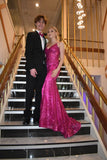 Shinning Mermaid Spaghetti Straps Hot Pink Sequined Lace For Women Party Dresses Long Formal Prom Dress 22th Birthday Gown HZ0311