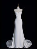 Unique Mermaid Spaghetti Straps Satin White Wedding Dresses Long Brides Dress HZ0311