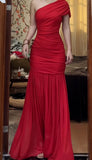 Modest Mermaid One Shoulder Red Chiffon With Pleated Long Chiffon Tight Formal Gowns Prom Dresses Evening Gowns HZ0311