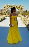 A Line Sweetheart Yellow Chiffon Sleeveless Long Prom Dresses Classy Prom Party Gowns HZ0311