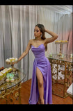Modest Mermaid Sweetheart Lilac Satin With Pleated Long Slit Tight Formal Gown Prom Dresses Evening Gowns HZ0311