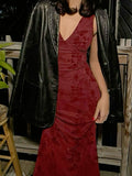 Classy Mermaid Burgundy V Neck Lace Prom Dress Aesthetic For Teens Formal Dresses Party Outfits Prom Gown HZ0311