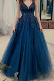 Classy Ball Gown Navy Blue V Neck Lace Tulle Prom Dress Aesthetic For Teens Formal Dresses Party Outfits Prom Gown HZ0311