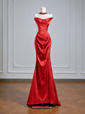 Flattering Mermaid Strapless Red Satin With Scarf Prom Dresses Long Evening Formal Birthday Party Gowns HZ0311