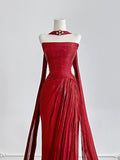 Timeless Mermaid Strapless Red Chiffon With Scarf Slit Long Prom Dresses Inspiration Party Gowns HZ0311