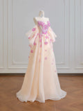 Princess Ball Gown Strapless Champagne Tulle With Lace Long Prom Dresses Inspiration Party Gowns HZ0311
