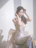 Simple Mermaid Scoop Sequin Long Prom Dresses With Bow Formal Gowns Inspo Evening Outfit HZ0311