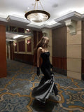 Vintage Mermaid Strapless Black Polka Dots Satin Long Prom Dresses Inspo Semi Formal Gown HZ0311
