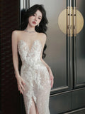 Fairytale Fantasy Art Wedding Dresses Mermaid Sweetheart White Lace Long Brides Dress Fitted Bridal Gowns HZ0311