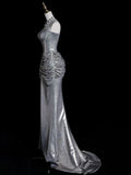 Whimsical Mermaid Strapless Silver Gray Sequin Pleated Bodice Long Prom Dresses Night Formal Dress HZ0311