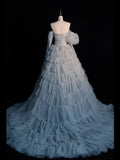 Modest Ball Gown Off The Shoulder Blue Tulle With Tiered Layers College Formal Outfits Long Prom Inspo Graduation Dresses HZ0311