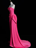 Simple Mermaid Strapless Pink Satin Pleated With Satin Long Prom Dresses Formal Gowns HZ0311