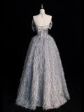 Princess Ball Gown Sweetheart Grey With Bow Feathers Tulle Long Formal Evening Dress Gowns Formal Prom Dresses HZ0311
