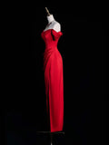 Chic Sheath Off The Shoulder Red Satin Slit Senior Prom dresses High School Long Formal Dress HZ0311