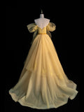 Modest Ball Gown Off The Shoulder Yellow Tulle College Formal Sweet 16 Outfit Long Sleeves Prom Dresses For Teens HZ0311
