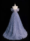 Princess Ball Gown Off The Shoulder Dusty Blue With Appliqued Tulle Long Formal Evening Dress Gowns Formal Prom Dresses HZ0311