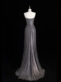 Sparkly Mermaid Strapless Silver Grey Sequins Senior Prom Dresses High School Long Formal Dress HZ0311