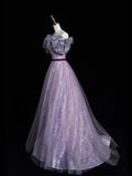 Elegant Ball Gown Off The Shoulder Lilac Sequin Tulle Long Prom Dresses For Teens Evening Outfits Formal Dress HZ0311