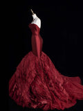 Princess Mermaid Sweetheart Burgundy Tulle Pleated Ruffles Satin Long Formal Evening Dress Gowns Prom Dresses HZ0311