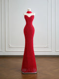 Romantic Mermaid Sweetheart Red Lace With Scarf Long Prom Dresses Impress 18th Birthday Outfits Party Gown HZ0311