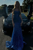 Shiny Royal Blue Mermaid Spaghetti Straps Long Beaded Prom Dress Party Gowns HZ0311