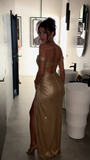 Sexy Mermaid Off The Shoulder Gold Sequin With Split Beaded Prom Dresses Long Evening Formal Gown Wedding Party Gowns HZ0311