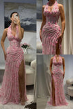 Classy Mermaid Halter V Neck Pink Lace With High Slit Prom Dress Aesthetic For Teens Formal Dresses Party Outfits Prom Gown HZ0311