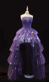 Modest High Low Strapless Purple Satin With Lace Prom Dresses Long Party Dress Grad Formal Evening Dresses HZ0311