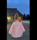 Classy V-neck Pink Sparkle Tulle A-line Long Prom Dresses Inspo Long Prom Gown HZ0311