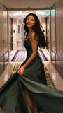 Vintage A Line Spaghetti Strap Dark Green Satin Slit Prom Dresses For Teens Formal Dress Party Outfits Prom Gowns HZ0311