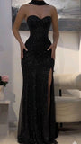 Glamorous Mermaid Sweetheart Black Sequined Long Slit Prom Dresses Sexy Formal Gowns HZ0311