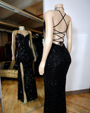 Black Long Prom Dresses For Black Girls Slit Lace Sparkly American African Evening Gowns HZ0311
