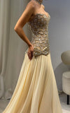Vintage Mermaid Strapless Yellow Chiffon Long Prom Dresses Inspiration Evening Gowns Formal Party Prom Dress HZ0311